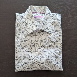 Coton Doux Men’s White with Black Graphic Face-Print Button-Down Shirt, Slim Fit